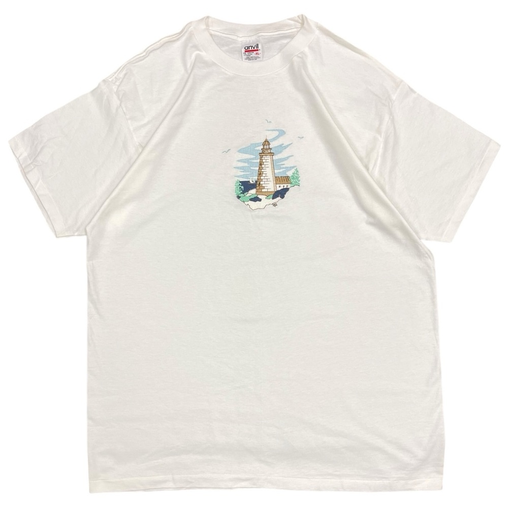 Vintage Anvil White Single Stitch Cotton Embroidered Lighthouse Tee T-Shirt XL